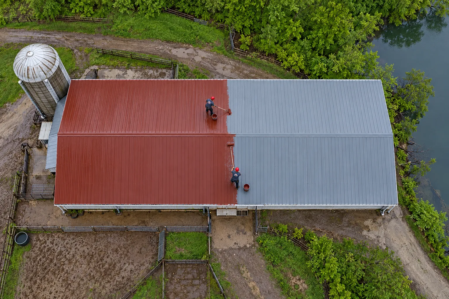 Aerial view of a large metal barn roof