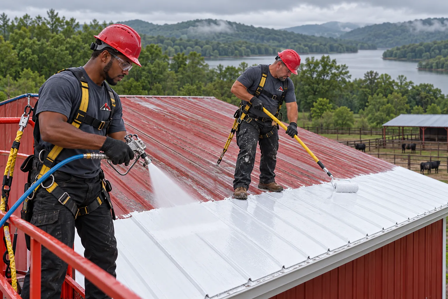 Crew rolling coating across the panels of a commercial metal roof
