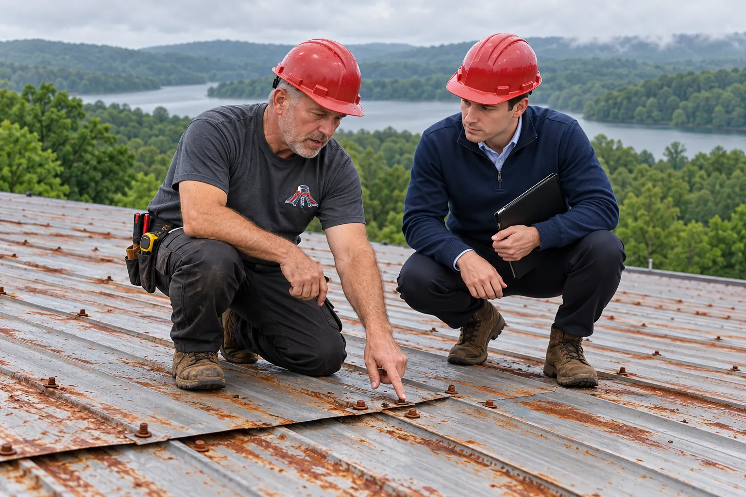 Roofer checking screws and panel laps on a commercial metal roof