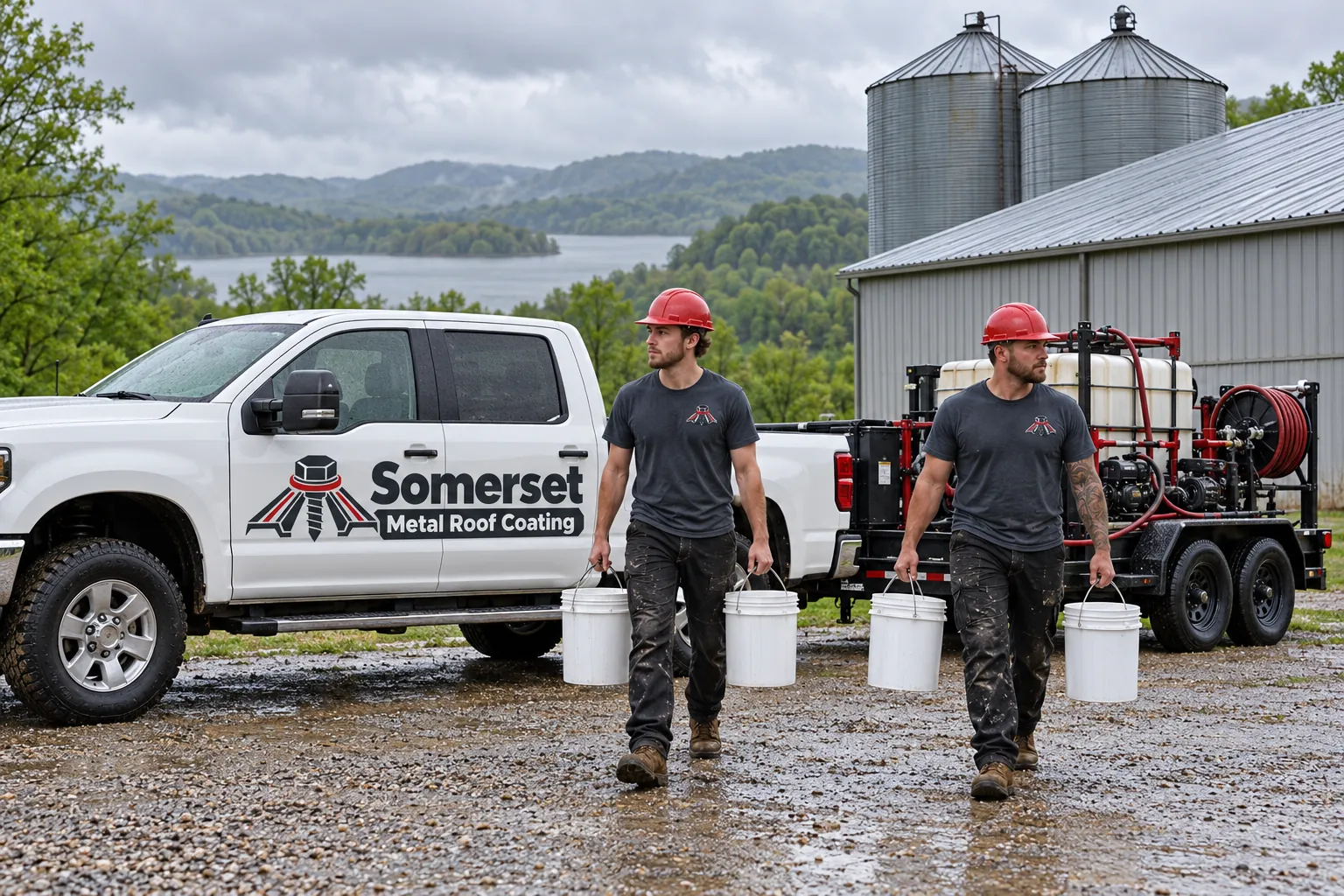 Roof coating truck and materials staged beside a commercial metal building