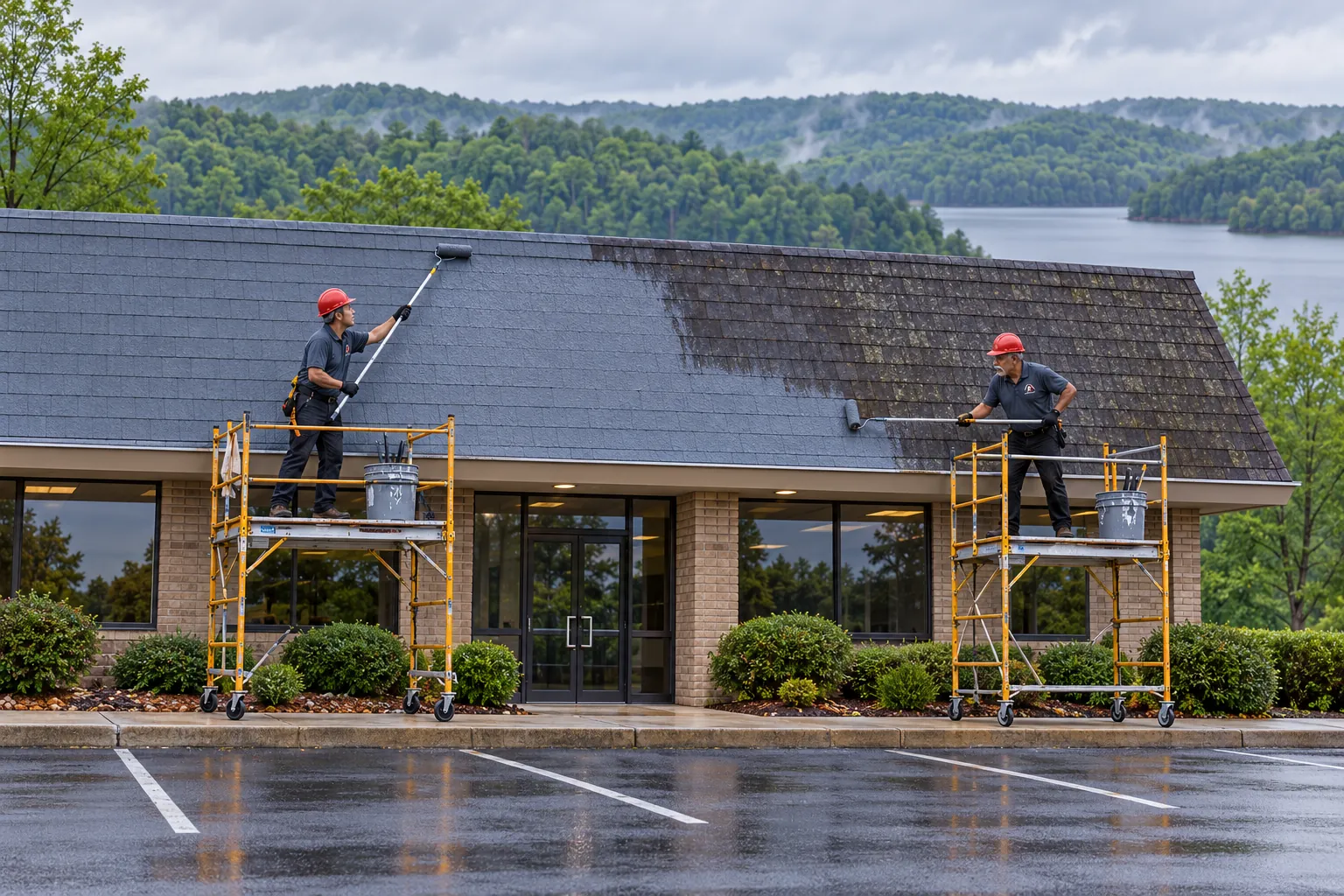 Crew coating an asphalt shingle section of a commercial building