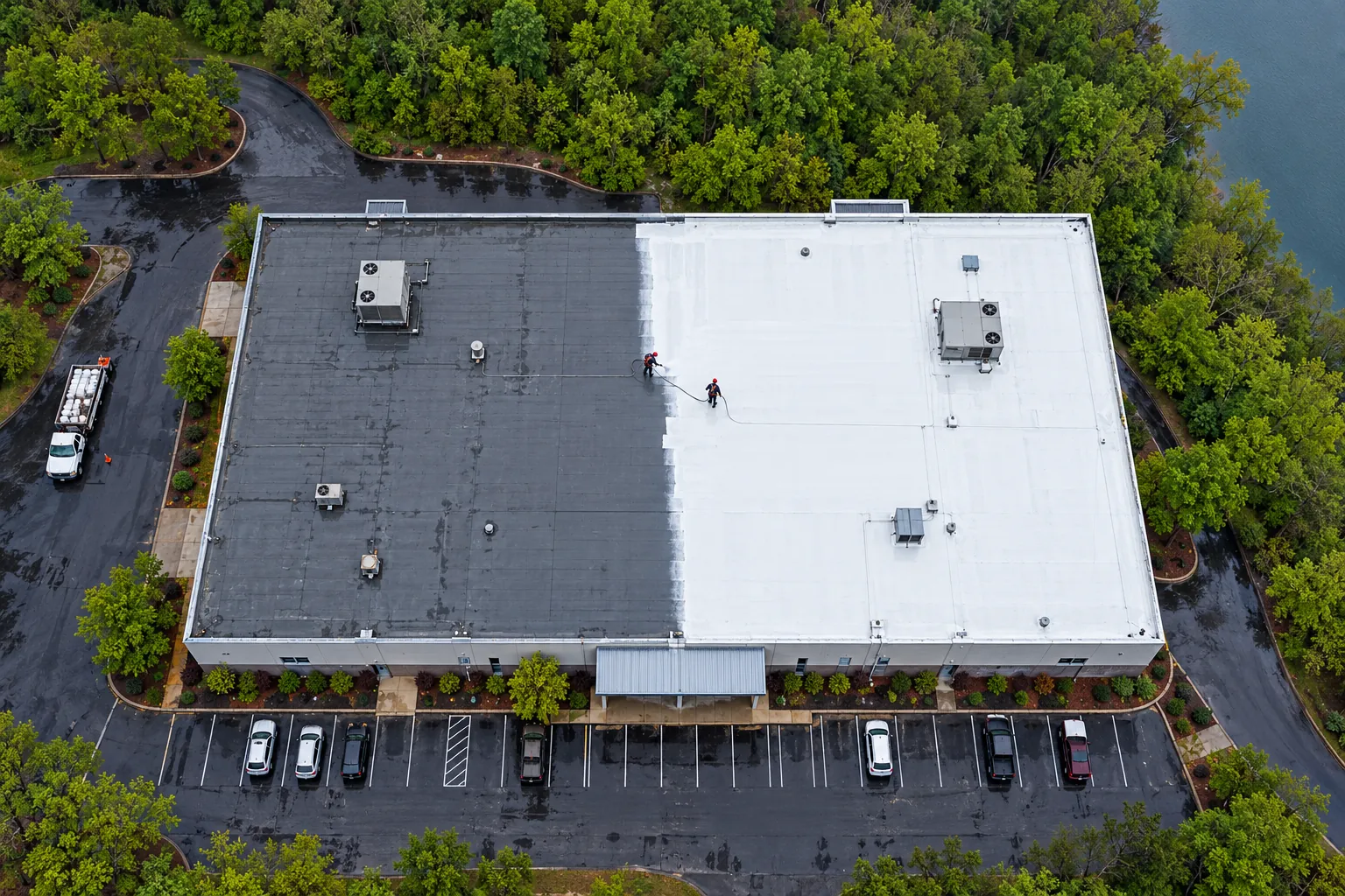 Aerial view of silicone coating on a low-slope commercial roof