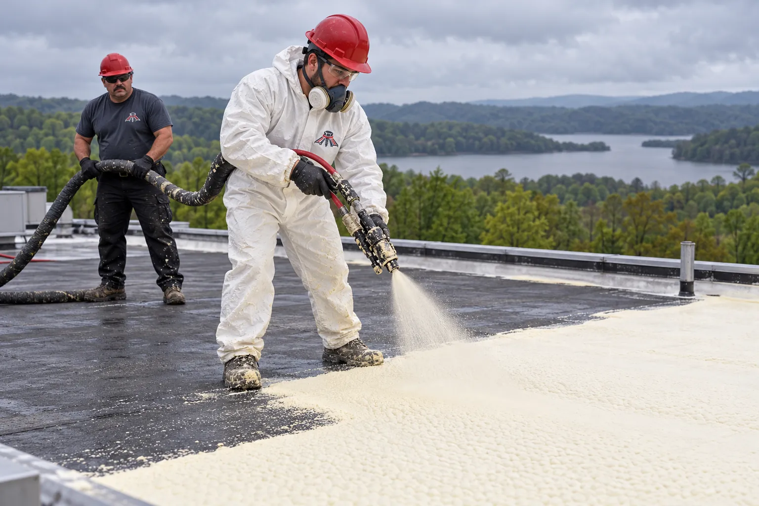 Crew applying spray foam on a commercial roof